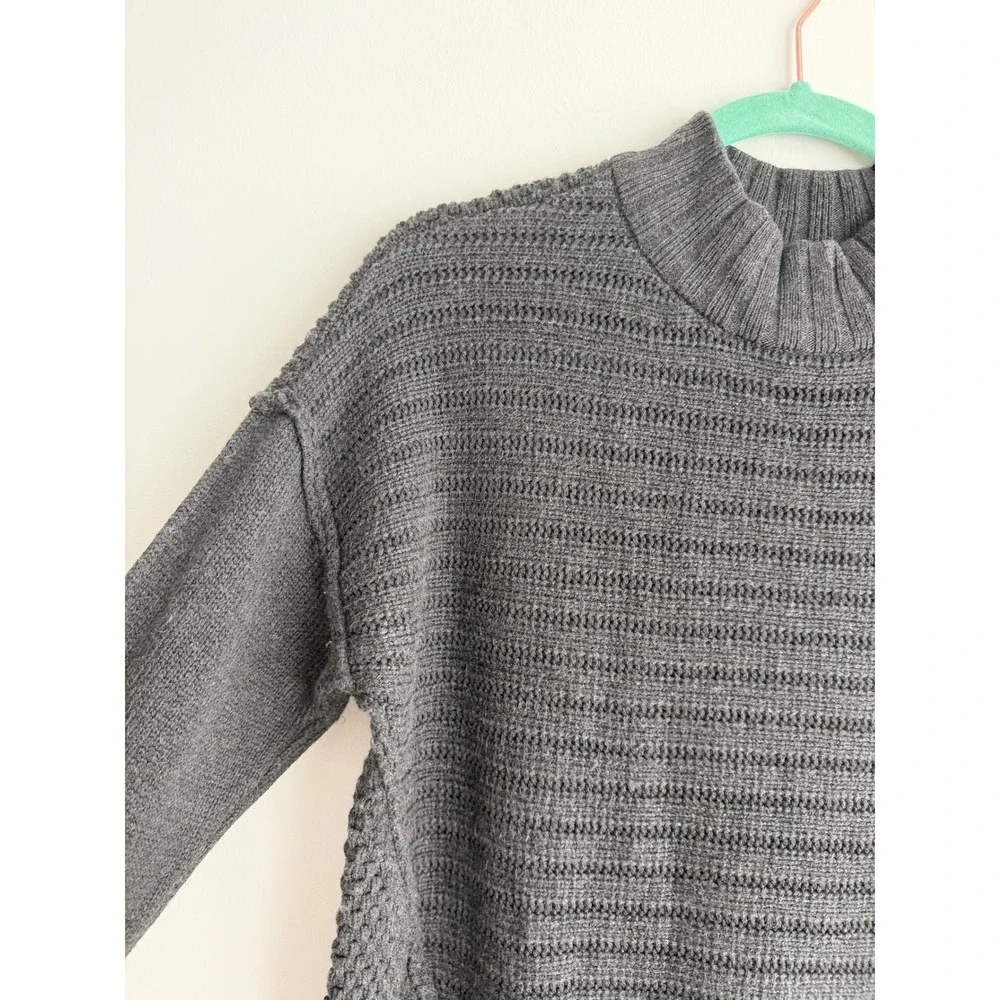 Saks Fifth Avenue Women Gray Mock Neck Wool Blend Mixed Knit Sweater Cozy Boho M